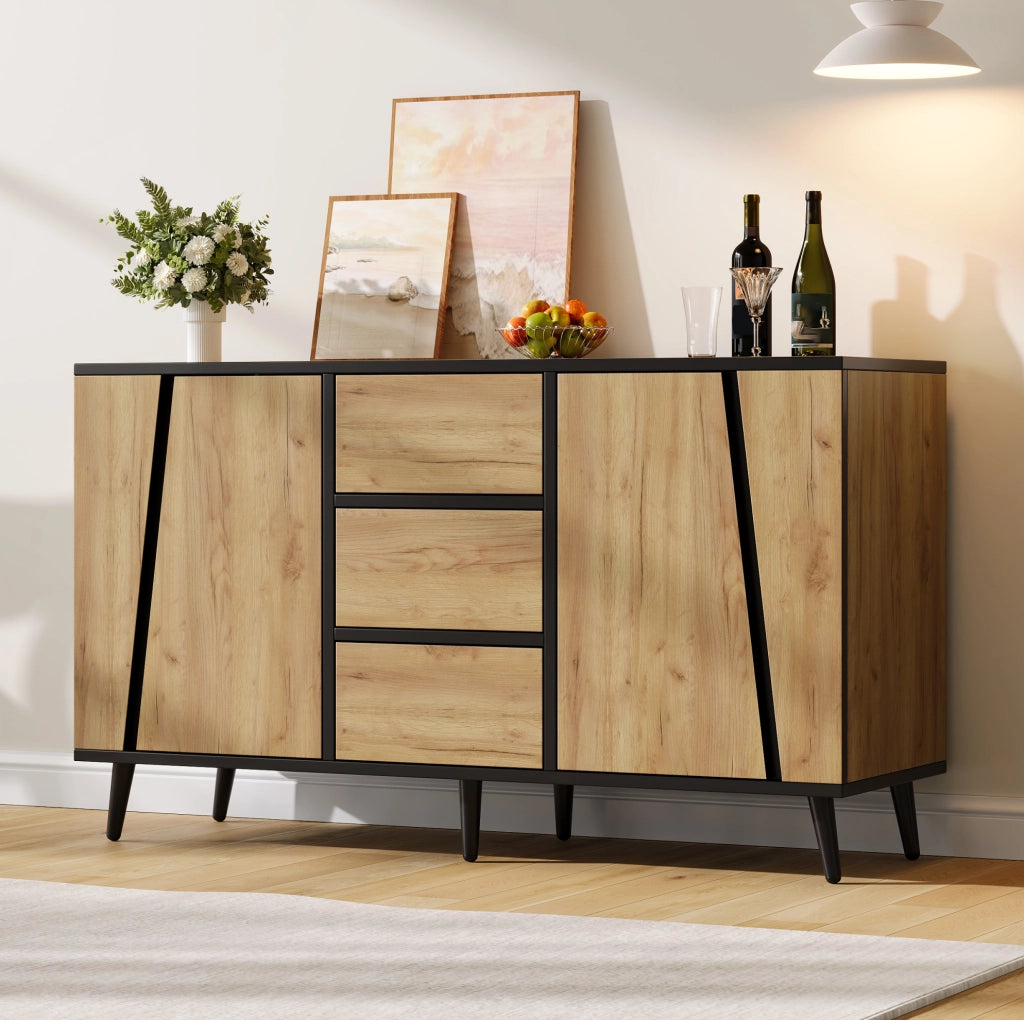 Sideboard 120x40x70 cm con 2 ante; 3 cassetti e ripiani regolabili; MDF e truciolare; naturale e nero