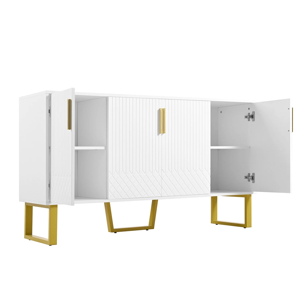 Credenza con 4 Ante; Motivo Geometrico 3D e Piedi in Metallo; Bianco Lucido; in MDF; 140??40??80 cm