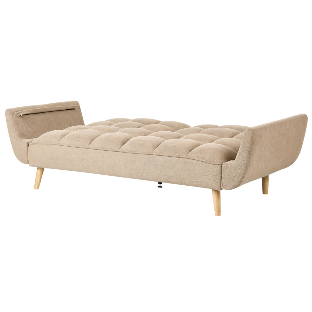 Divano Letto 3 Posti in Tessuto Marrone Chiaro con Gambe in Legno Imbottitura in Schiuma Schienale Diviso e Imbottitura Biscuit Idrorepellente