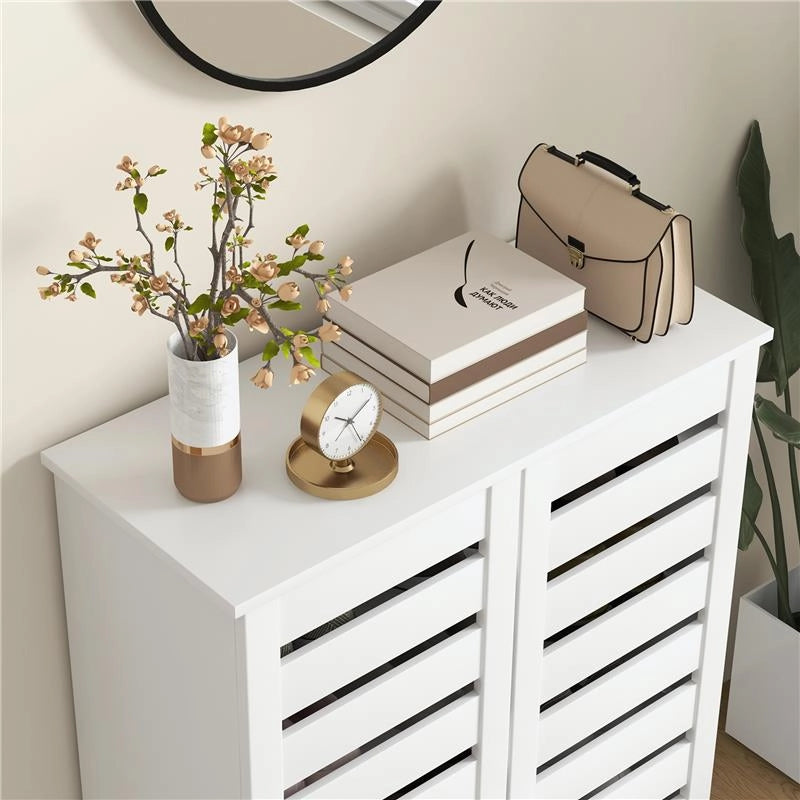 MOBILE SCARPIERA A 5 LIVELLI CON 4 RIPIANI REGOLABILI E ANTE A DOGHE IN LEGNO 76X33PX98 CM BIANCO