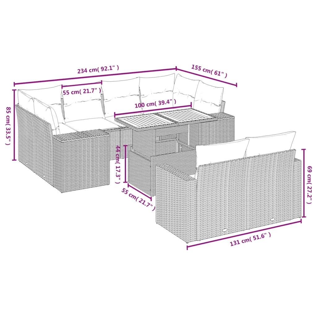 Set Divani da Giardino 11 pz con Cuscini in Polyrattan Grigio