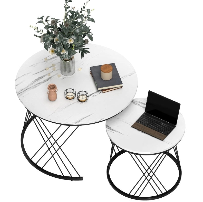 Set di 2 tavolini da caffè rotondi impilabili; effetto marmo; bianchi