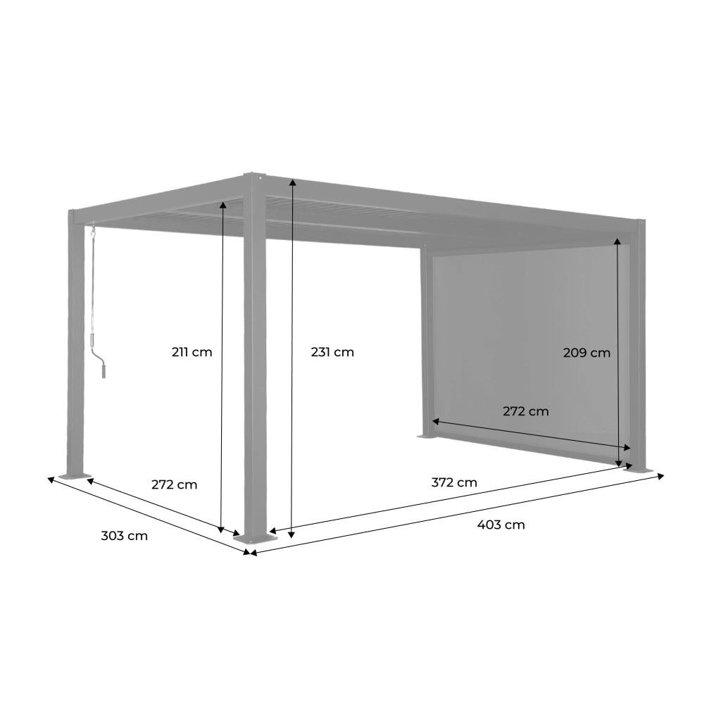 Pergola bioclimatica 3x4m in alluminio e acciaio  + tenda 3m, nero