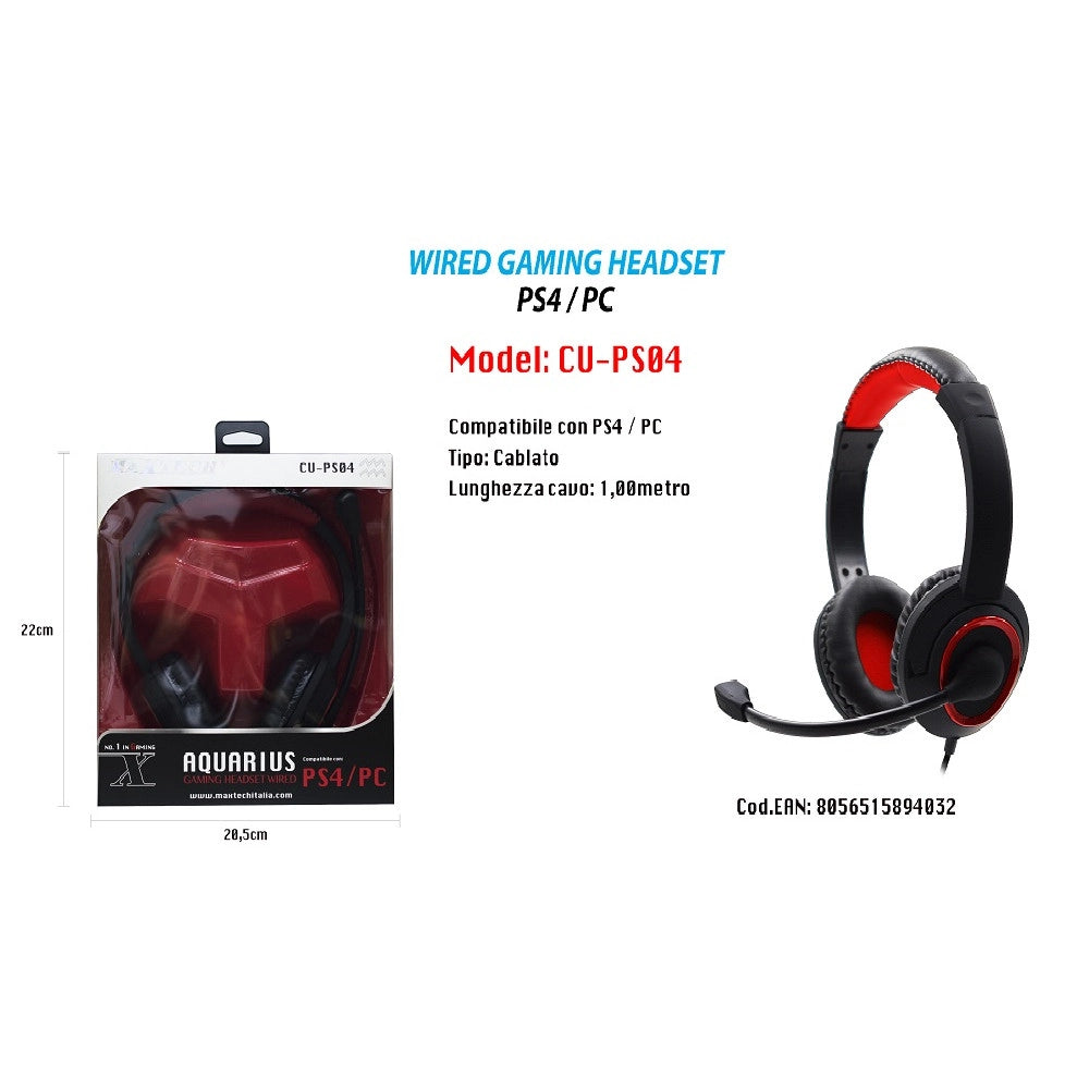 Trade Shop - Cuffie Gaming Con Microfono Wired Aquarius Compatibile Per Ps4 / Pc Maxtech Cu-ps04 -