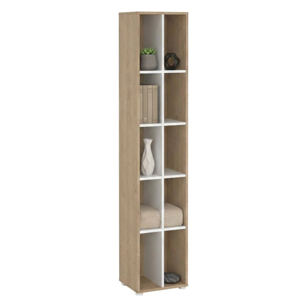 Libreria Erevan, Scaffale da ufficio, Mobile portalibri, Biblioteca, 41x34 h205 cm, Rovere e Bianco