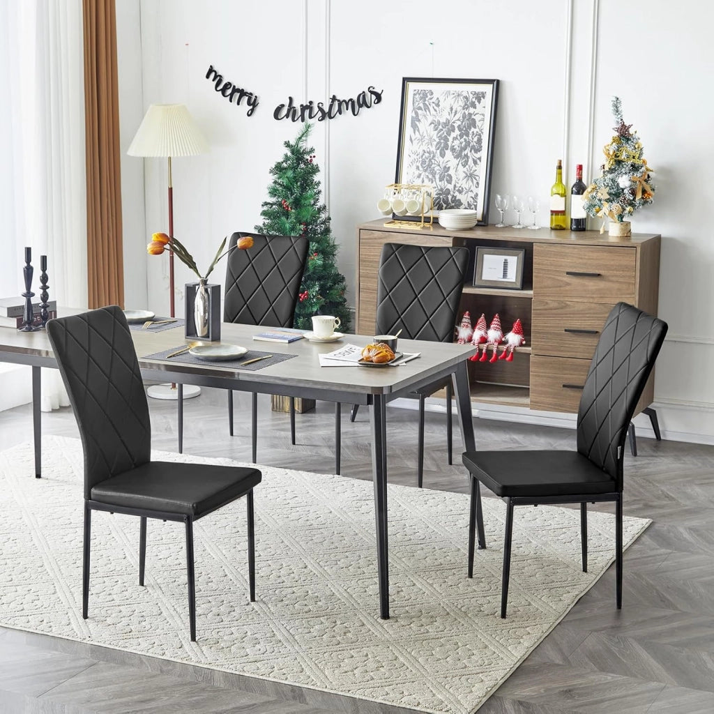Set di 4 Sedie per Sala da Pranzo, Sedie da Cucina con Schienale Alto, con Gambe in Metallo e Rivestimento in Ecopelle, Nero, EZS21sz-4