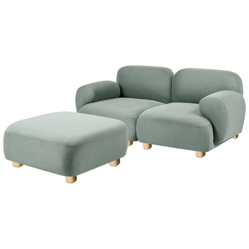 Divano componibile a 2 posti in tessuto due elementi angolari con poggiapiedi gambe in legno verde chiaro stile moderno