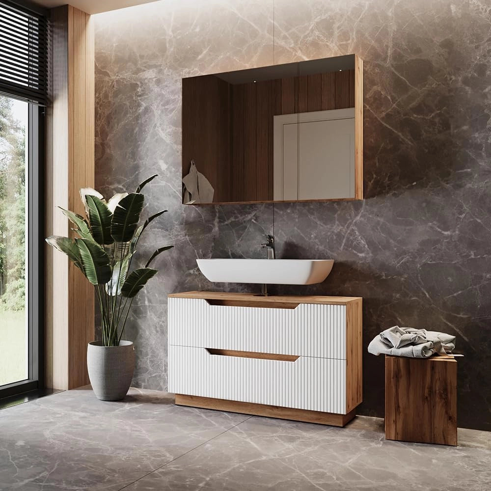 Set di mobili da bagno Lotta, Rovere/bianco a strisce, 2 parti