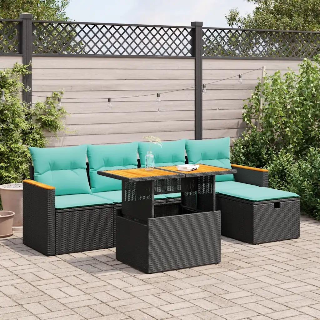 Set Divano da Giardino 6 pz con Cuscini Nero Polyrattan Acacia