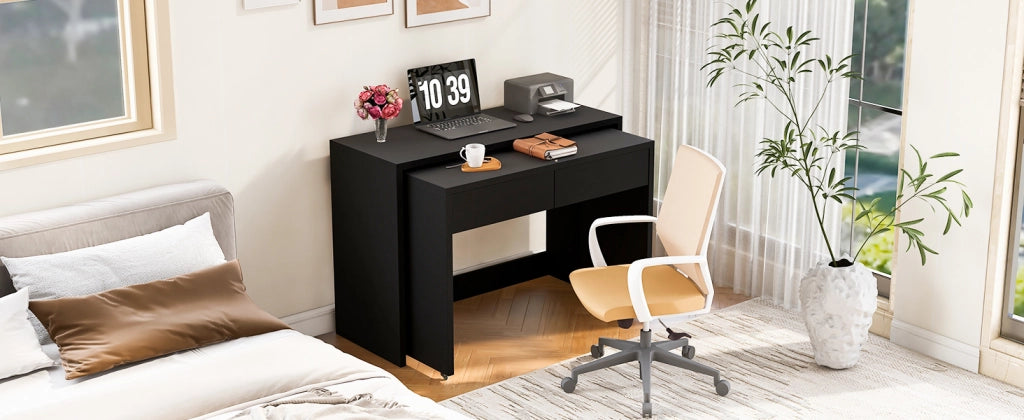 Scrivania lineare 2 in 1 con 2 cassetti e ruote, per piccoli spazi, in truciolato nero, 110 × 40 × 78 cm