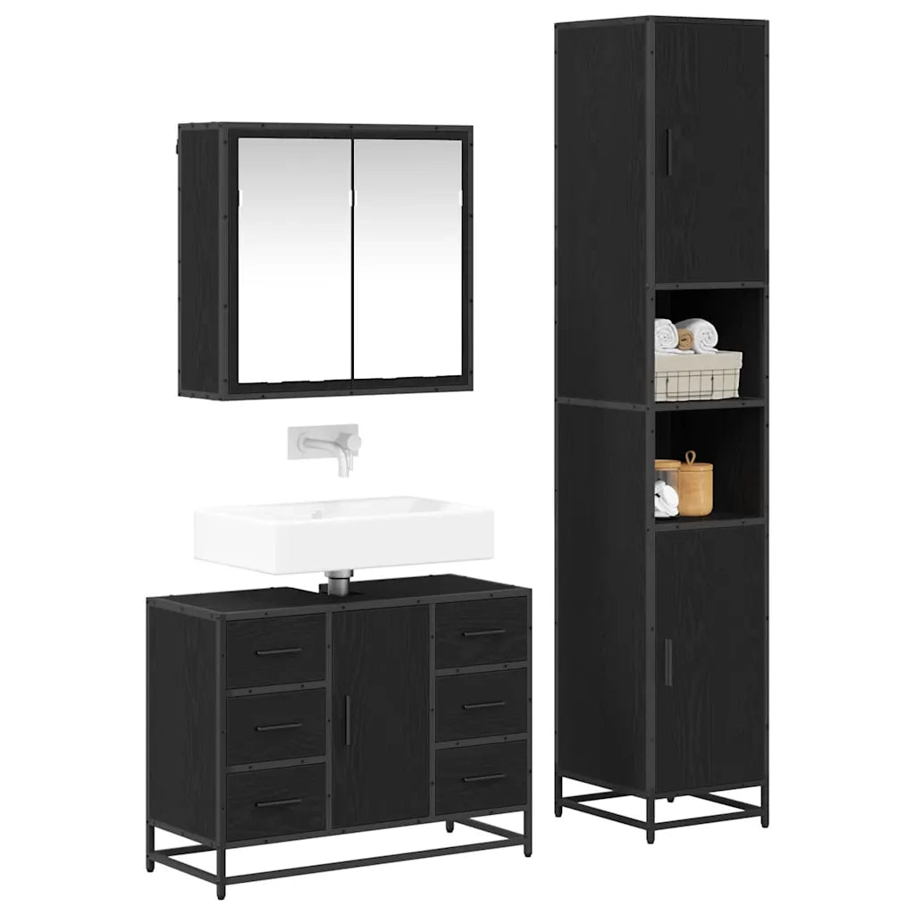 Set di mobili per il bagno 3 pcs Rovere Nero Legno multistrato