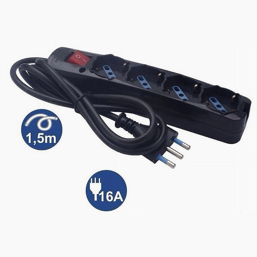 Trade Shop - Multipresa 4 Uscite Universali Schuko Spina 16a Cavo 1.5mt Nero Interrutore 80097n -