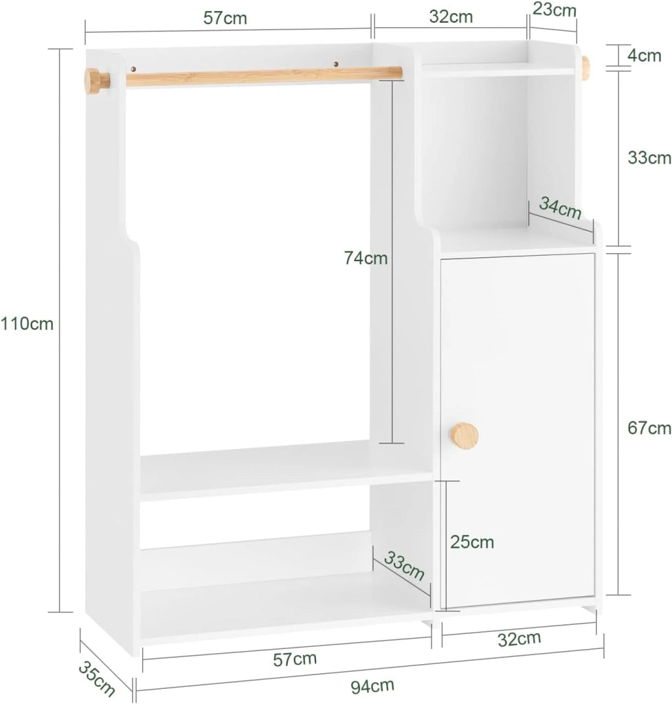 Armadio Cameretta Armadio Bambini con 4 Ripiani e 2 Ganci Laterali Guardaroba con Appendiabiti per Bambini Bianco 94x35x110cm KMB110-W
