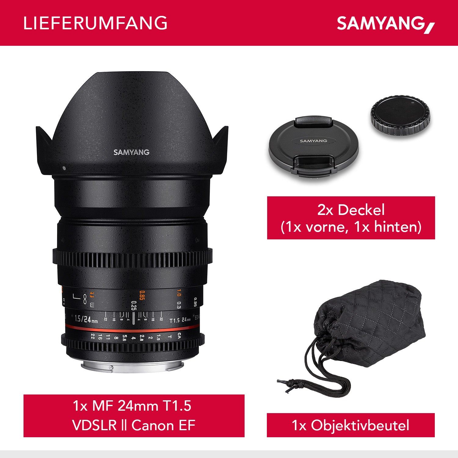 24/1.5 Lens Video DSLR II Canon EF obiettivo video a fuoco manuale 0.8 Gear, grandangolo nero