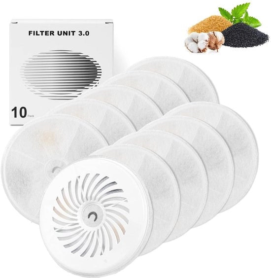 Pacchetto da 10 pezzi di filtro per fonte acqua per gatti e cani a forma rotonda, compatibile con la fonte acqua per gatti e cani da 1,85L, Unità 3.0 con resina di carbone attivo e hars, compatibile con fonti acqua automatiche per gatti da 1,8L/2L.