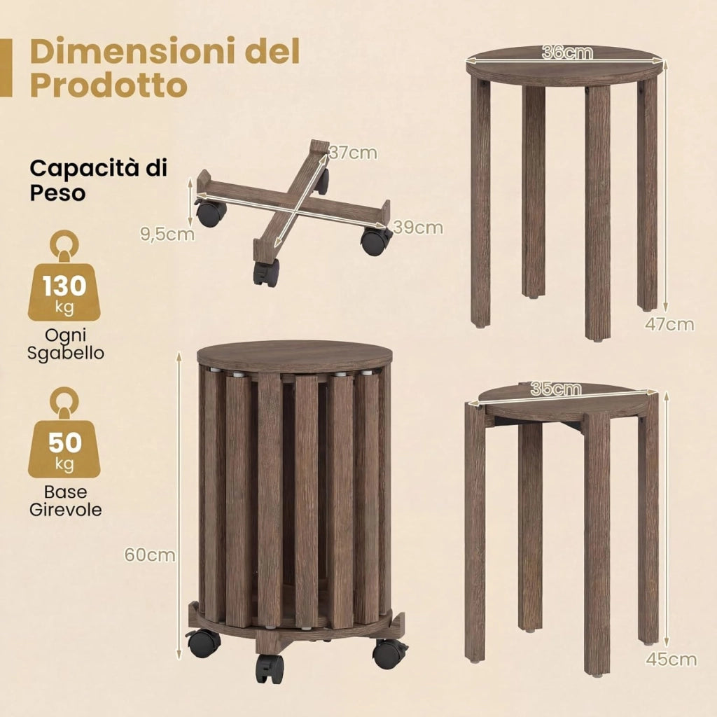 Set di 4 Sgabelli Impilabili 4 in 1, Sgabelli in Legno con Portavaso con Rotelle, 2 Grandi Ø36 cm e 2 Piccoli Ø35 cm, Tavolino Laterale Rotondo per Soggiorno e Camera da Letto (Marrone)
