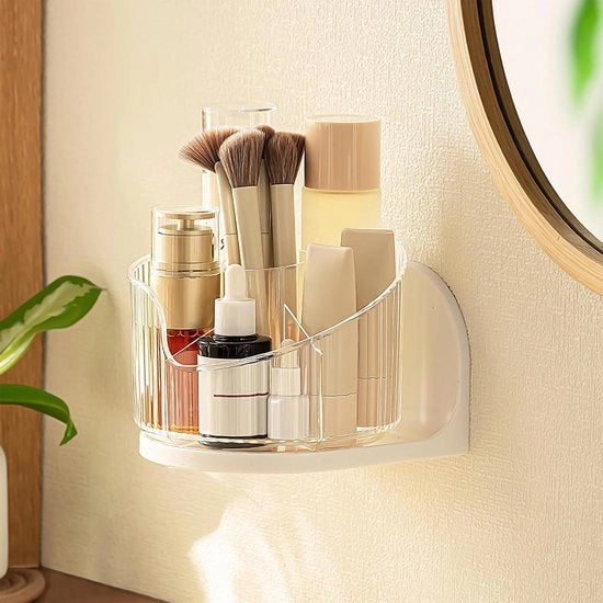 Organizzatore di trucco a parete 360 gradi rotante - 6 compartimenti - cura della pelle - pennelli per trucco - trasparente
