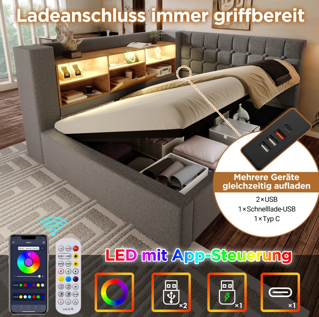 Letto imbottito 140x190 cm con LED, USB e contenitore