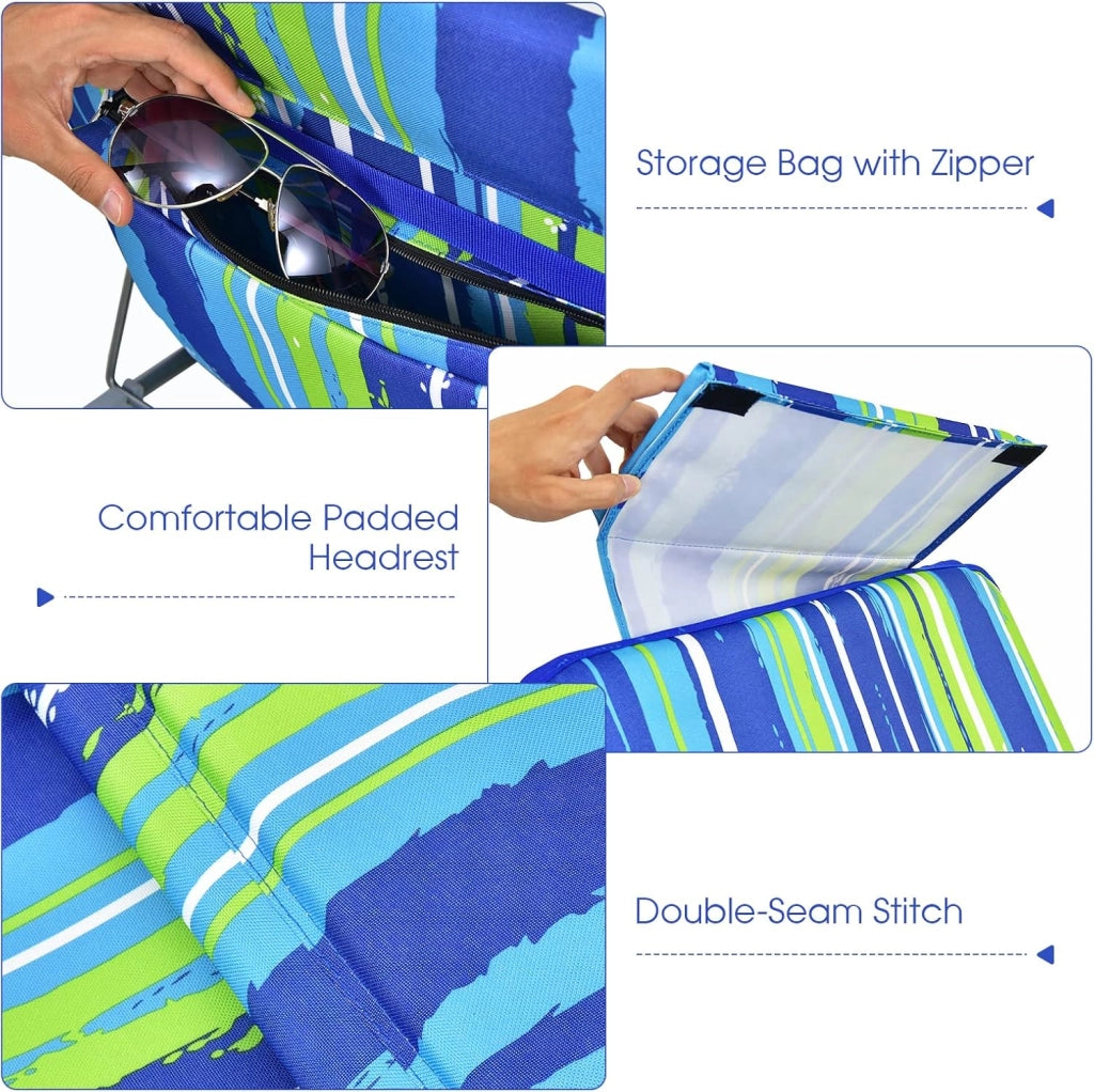 Set di 2 Materassi da Spiaggia Pieghevoli e Tavolino, Sedie a Sdraio da Spiaggia Regolabili in 5 Posizioni con Poggiatesta Rimovibile, Tasca per Giardino, Campeggio (Blu+Verde)