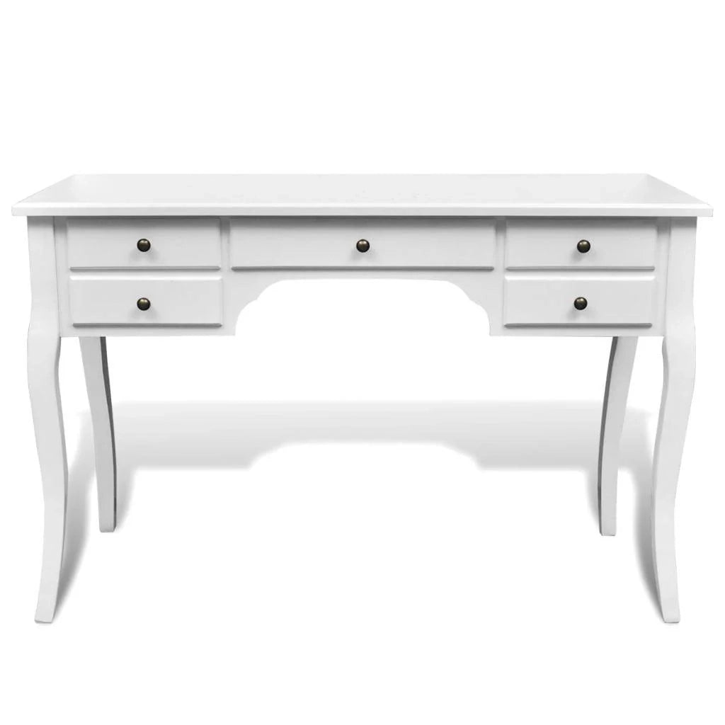 Scrivania per computer/tavolo da lavoro in legno francese con gambe curve e 5 cassetti 0502073