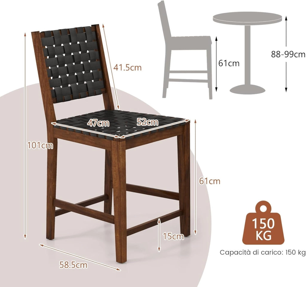 Sgabelli da Bar, 2 Sedie Alte con Cinturini in Similpelle, Schienale Accogliente e Struttura in Legno Massello, Sgabelli per Cucina, Sala da Pranzo, Ristorante e Bar