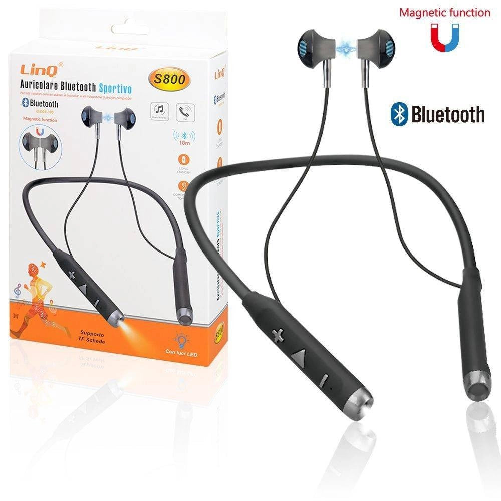 Trade Shop - Auricolari Cuffie Magnetici Bluetooth A Collo Con Torcia Led Sport Smartphone S800 -