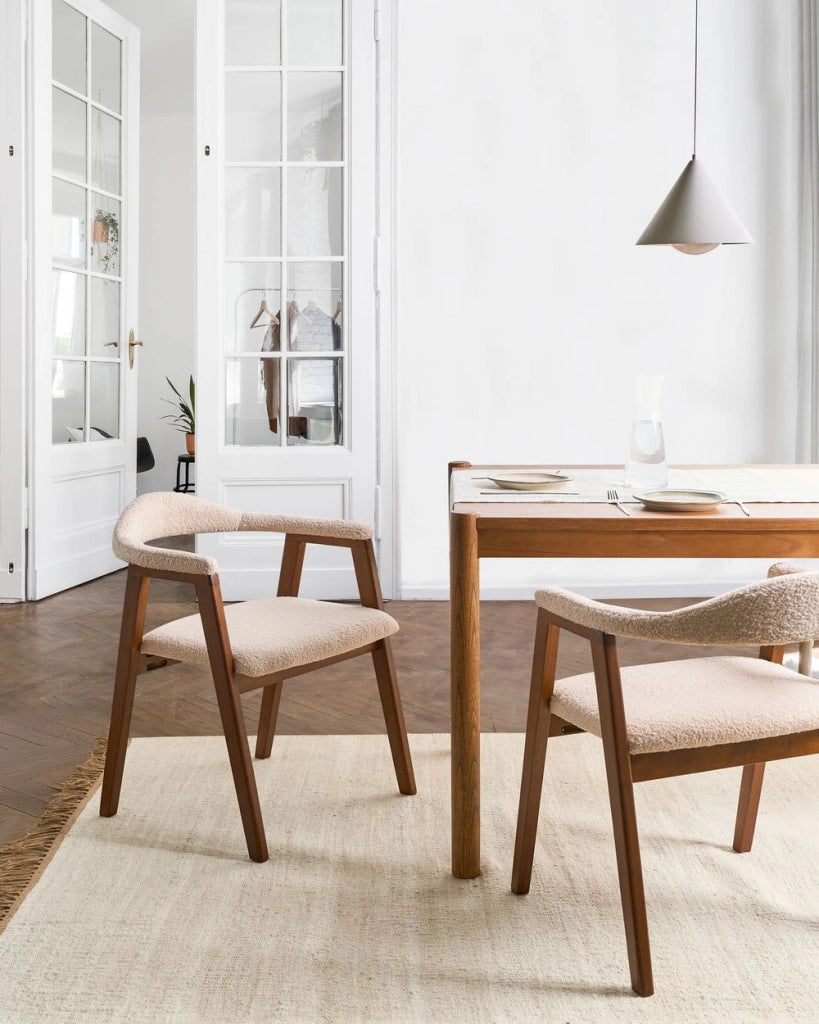 Set di 2 sedie da pranzo Marrone scuro Seduta imbottita Schienale Boucle Poliestere Gomma Struttura in legno Stile retrò Sala da pranzo