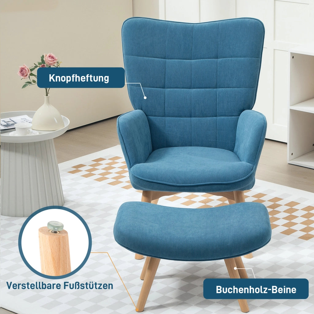 Poltrona Relax con Poggiapiedi in Cord ¨C Zephmum ¨C Blu, Gambe in Legno
