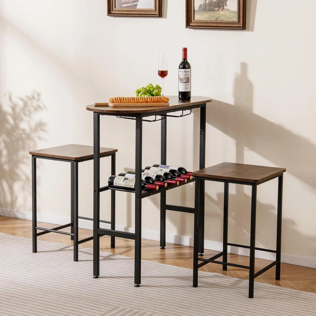 Tavolo da Pranzo con 2 Sgabelli, Tavolino e Sedie con Portabottiglie, Poggiapiedi e Struttura in Metallo, Mobili da Cucina per Bar, Bistro e Soggiorno (Marrone e Nero)