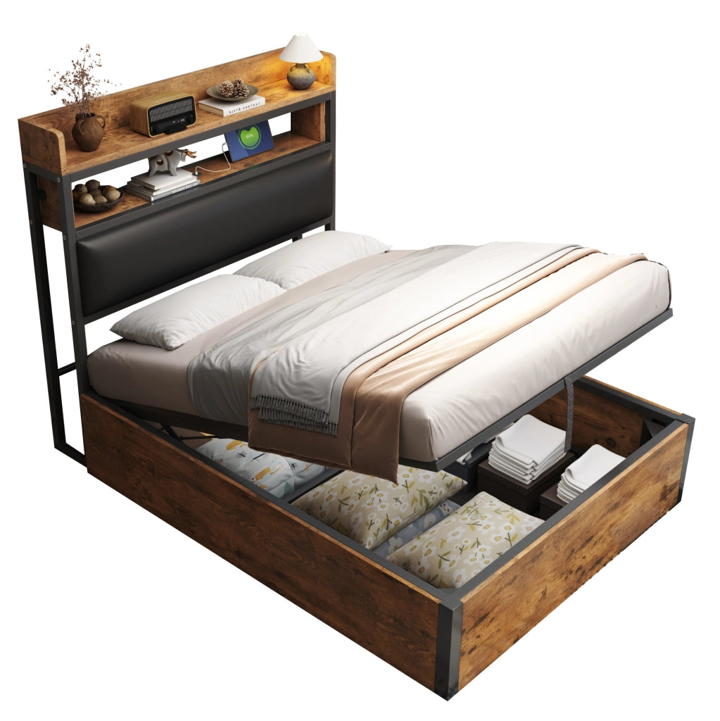 Letto singolo 90x200 cm con contenitore; meccanismo idraulico; USB; nero