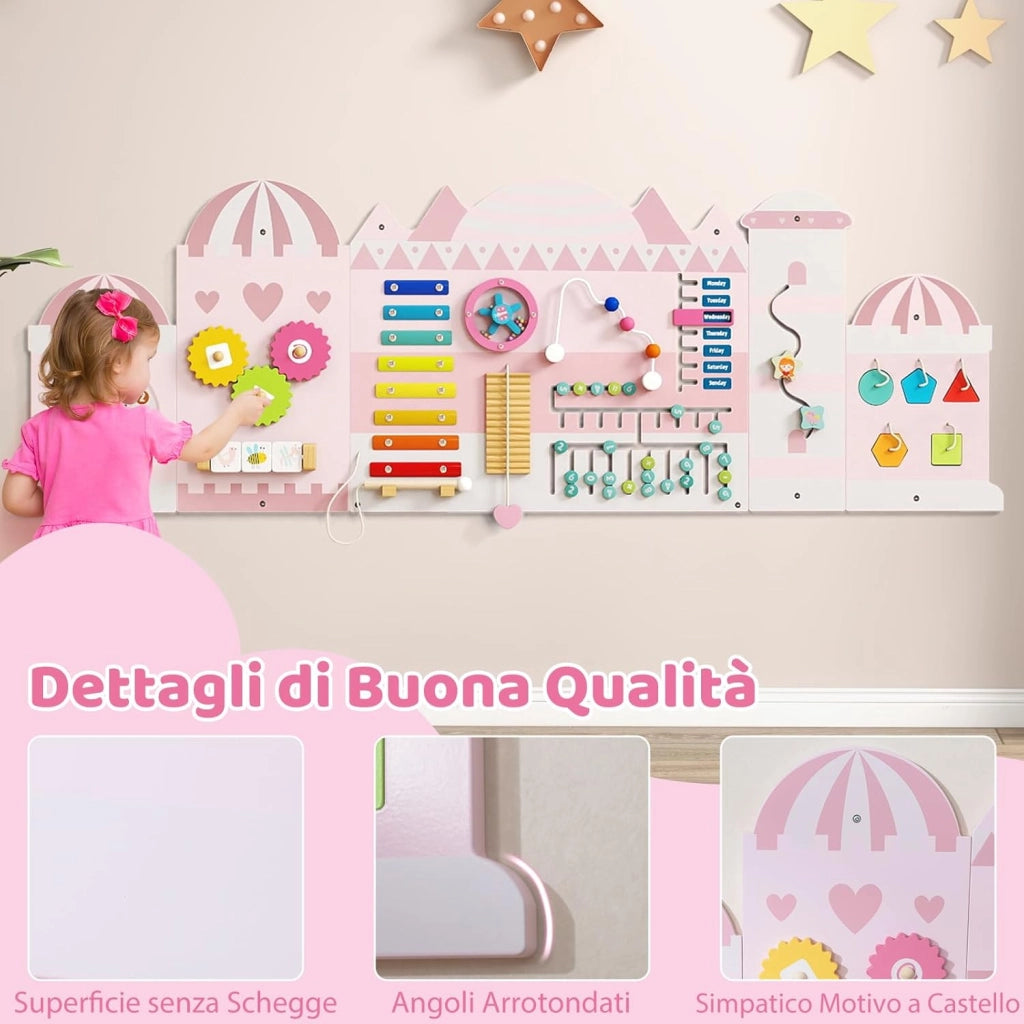 Pannelli da Parete con attività, Busy Board 11 in 1 Montessori in Legno per Sviluppo Sensoriale, Centro di attività Educativo Montato a Parete per Stanza Giochi, Asilo Nido (Castello)
