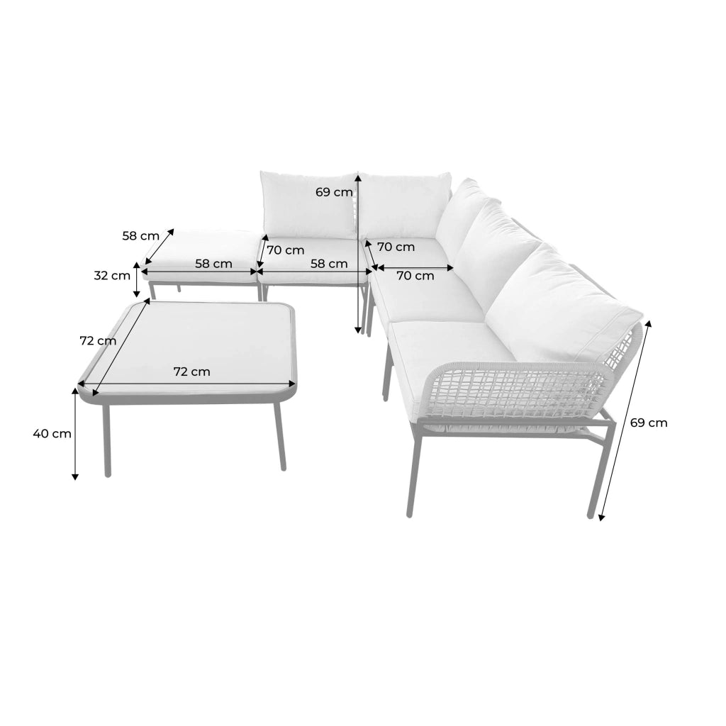 Salotto da giardino angolare in acciaio e corda, 5 posti, beige