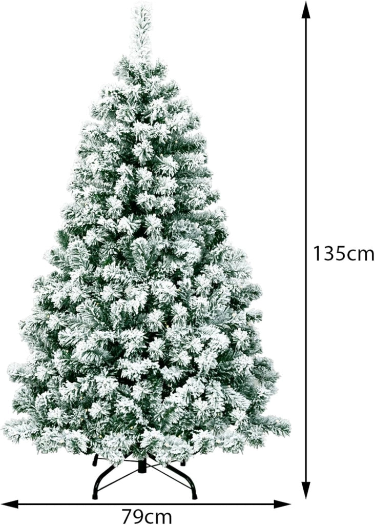 Albero di Natale Innevato 135 cm, Albero di Natale con 200 Luci LED Bianche Calde, 400 Rami, Base in Metallo, Decorazione Natalizia per Casa e Negozio (135 cm)