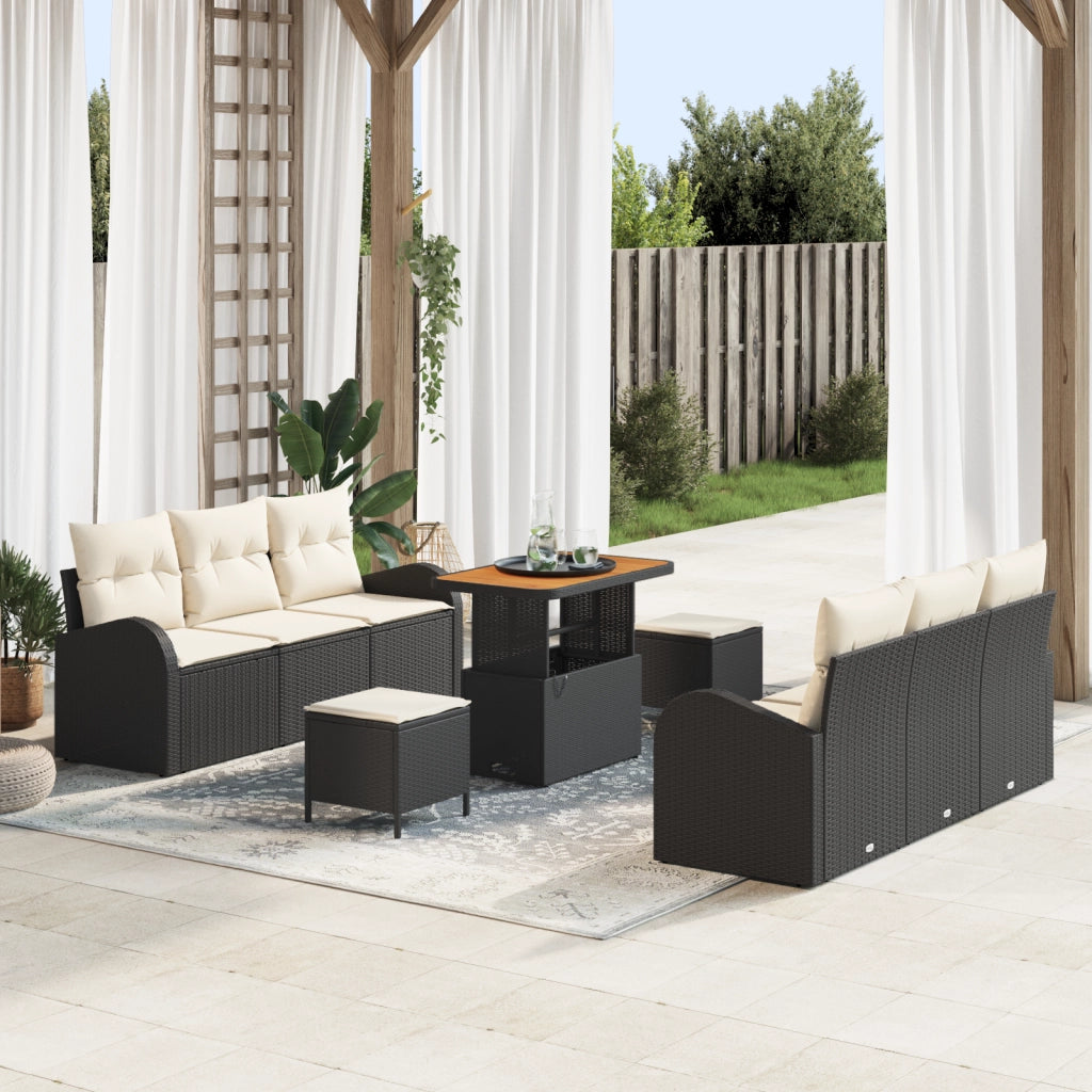 Set Divano da Giardino 9 Pezzi con Cuscini Nero Polyrattan Acacia