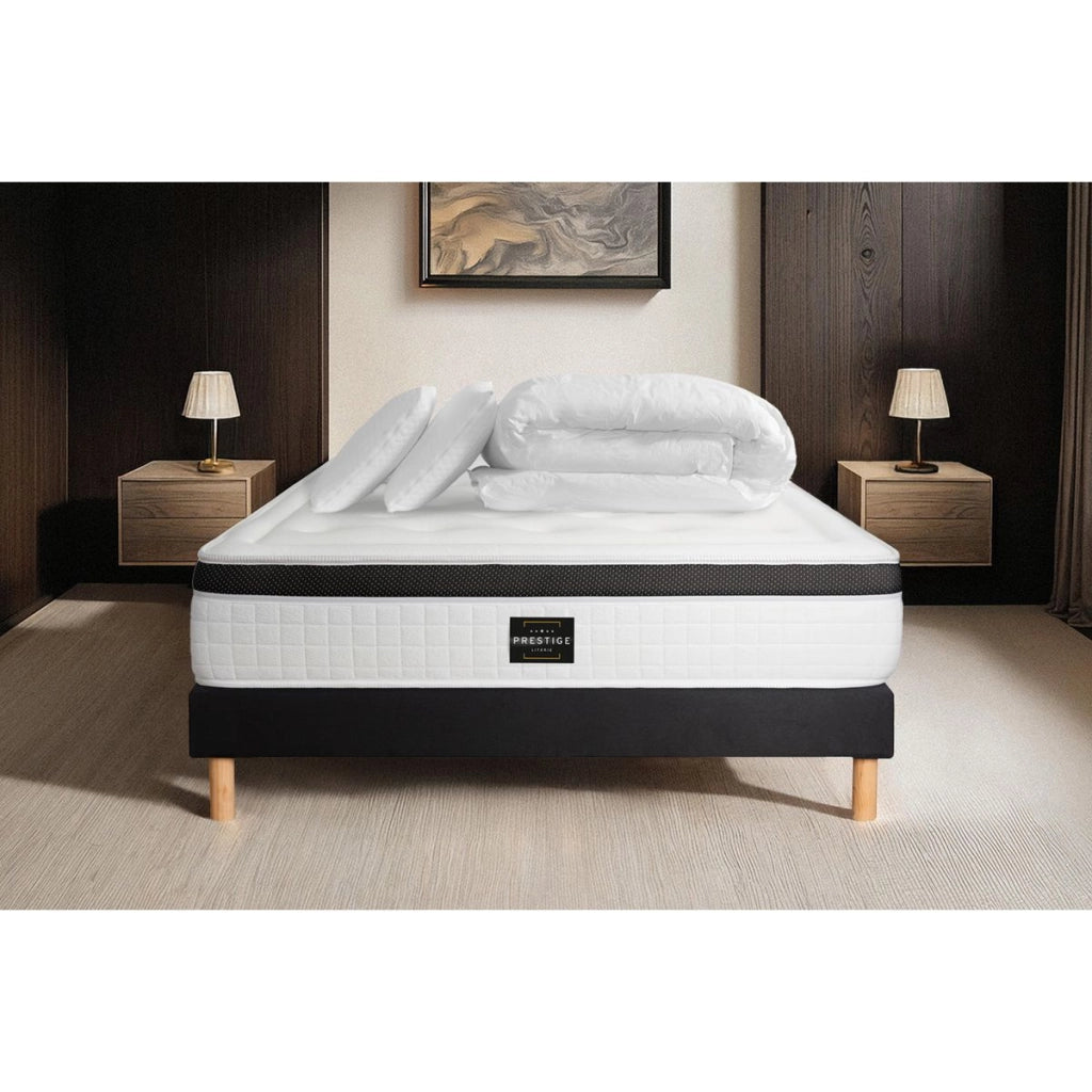Pacchetto letto completo - Materasso 140x190cm + Box spring con doghe (kit) + 2 cuscini + Piumino - Privilège