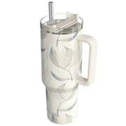 Bicchiere Termico 1200 ml con Cannuccia con Decorazione Fogliame Cotone Bianco Quokka