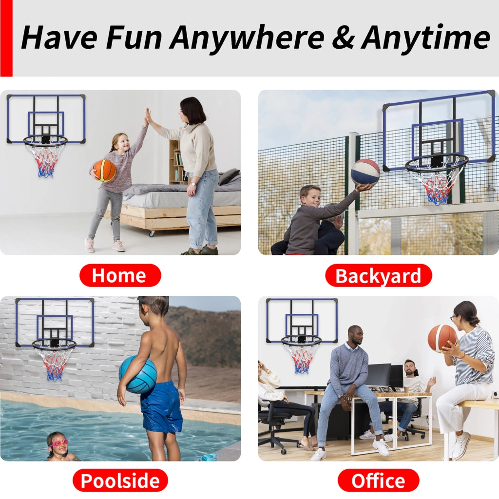 Area giochi canestro da parete con tabellone e anello in pe rattan ferro e tessuto impermeabile nero blu 112 × 72 cm
