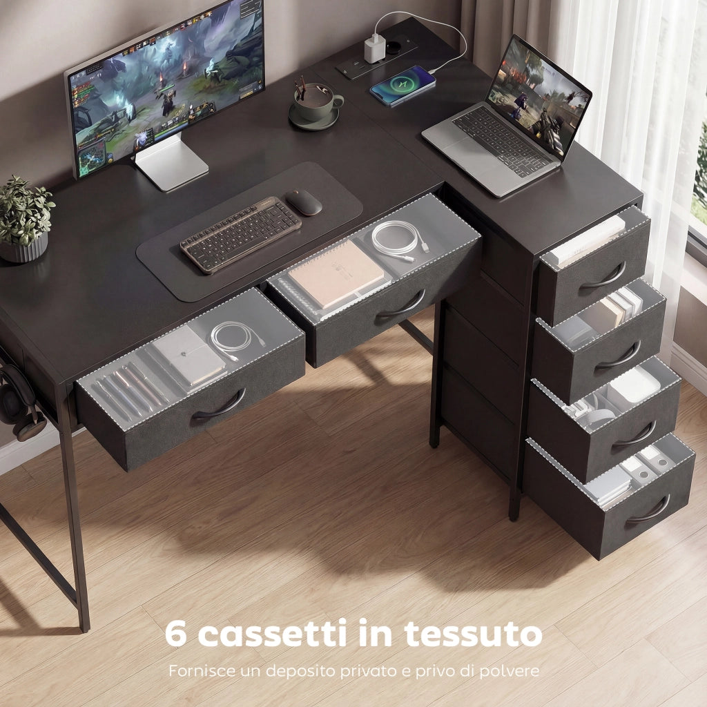 Scrivania Angolare 126x48x80 cm a 6 Cassetti con Gancio Laterale e Prese Integrate in Legno e Acciaio Nero