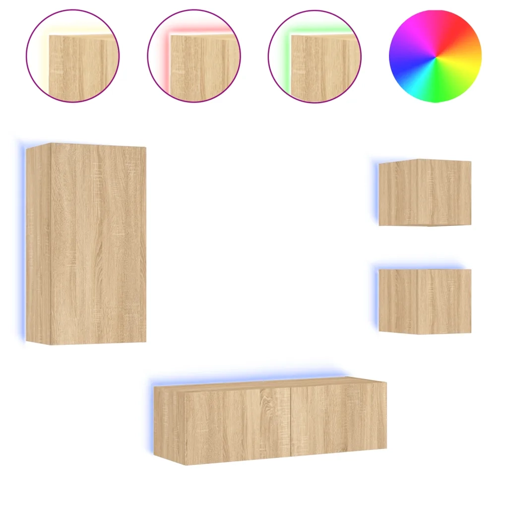 Mobili TV a Muro 4pz | Armadietto TV | Mobile Porta TV con Luci LED Rovere Sonoma