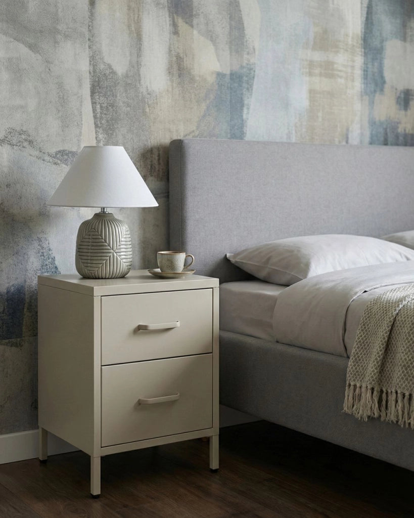 Comodino in Acciaio beige Design Industriale 2 Cassetti Camera da Letto Mobili Contenitori