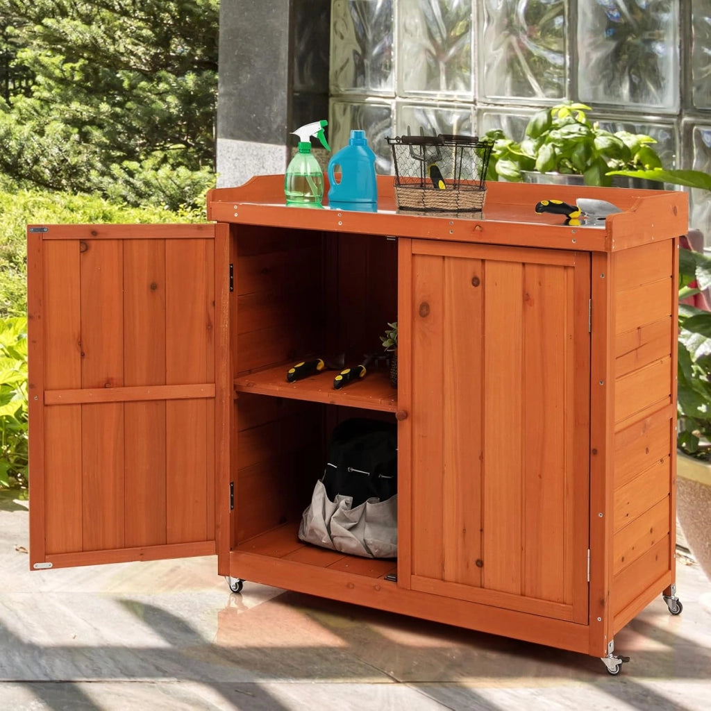 Armadio da Esterno in Legno, Casetta da Giardino con Ripiano Rimovibile e 4 Ruote Universali, Capanno Porta Attrezzi da Esterno e da Interno, 98,5 x 48 x 100 cm