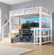 Letto a soppalco 140x200 cm con scrivania; LED e prese USB in metallo e MDF bianco