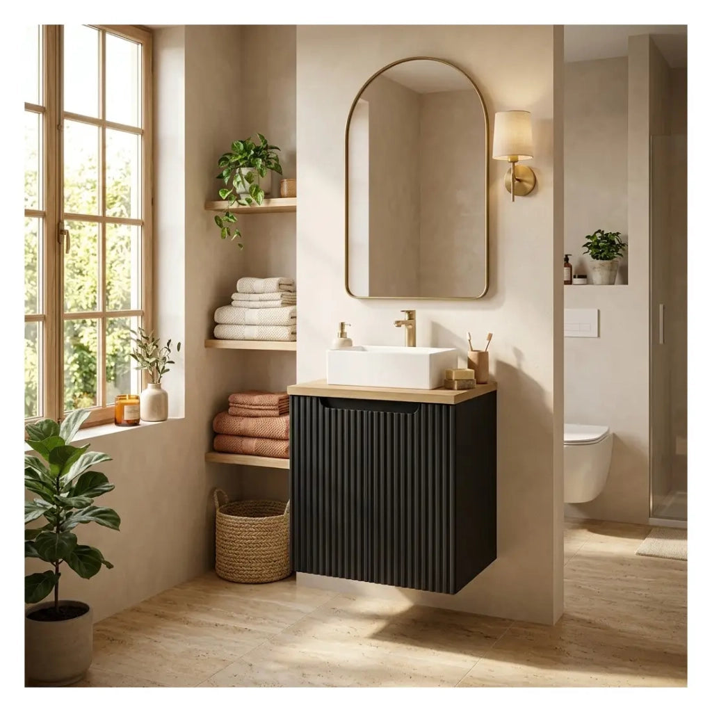 Set bagno sospeso VANO 50cm: mobile sottolavabo con ante scanalate + piano per lavabo effetto rovere chiaro