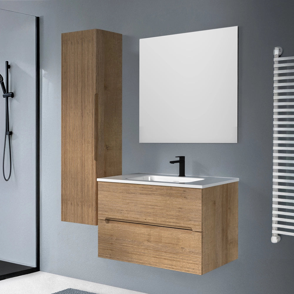 Mobile bagno sospeso 80 rovere cannettato 2 cassetti lavabo e specchio Rigo