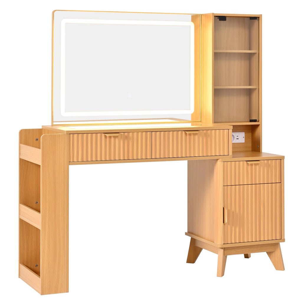 Toeletta con specchio LED, prese elettriche USB e USB-C, 3 cassetti e vani laterali, 133x136x40 cm, Natural