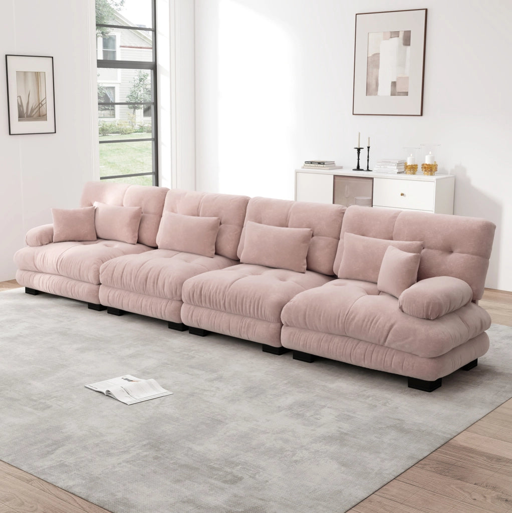 Divano modulare in ciniglia rosa con seduta profonda; 406 x 77 x 81 cm