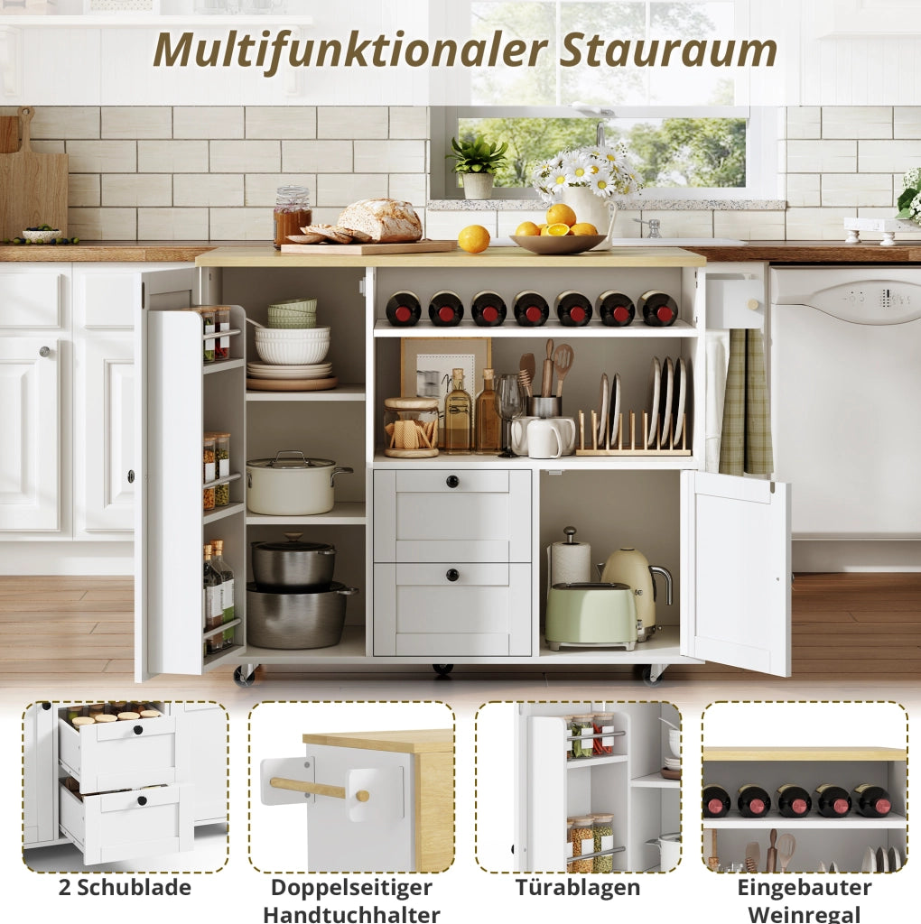 Isola da cucina con piano ribaltabile 104x45(69)x89 cm in MDF naturale e bianco