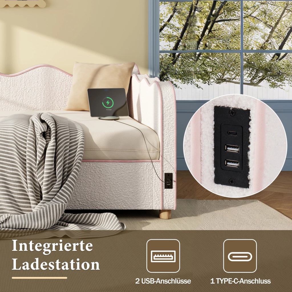 Letto per bambini 90 × 200 cm contenitore con sollevamento idraulico, USB et Type-C, senza materasso, beige