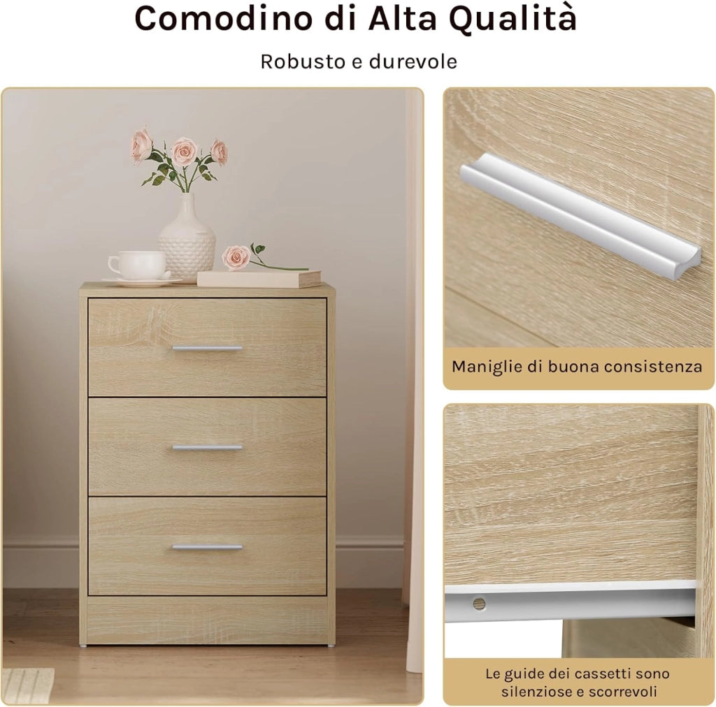 Set di 2 Comodini Moderni con 3 Cassetti, Grande Capacità, Tavolino da Letto per Camera da Letto, Soggiorno e Ufficio, 39x28x54cm, Rovere Chiaro, NTS26hei-2