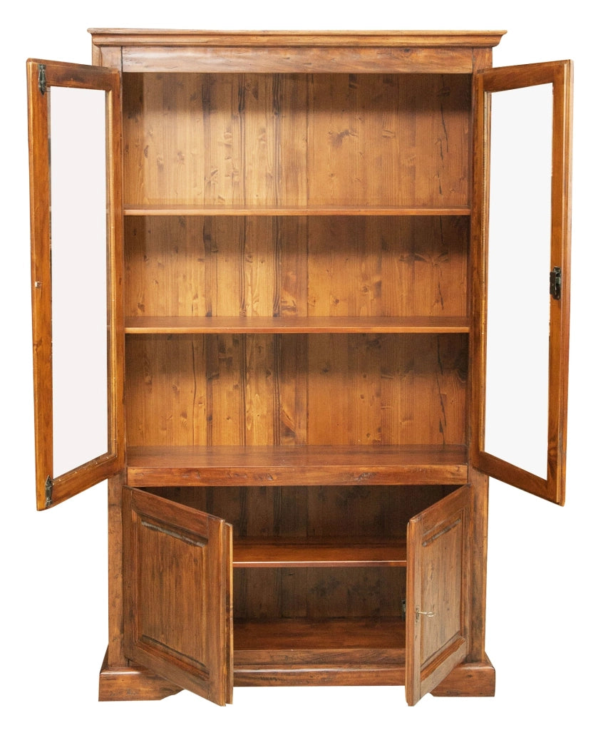 Biscottini Vetrina Country in legno massello di tiglio finitura noce L120xPR37xH197 cm. Made in Italy